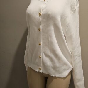 Chic White Cardigan with Gold Accents